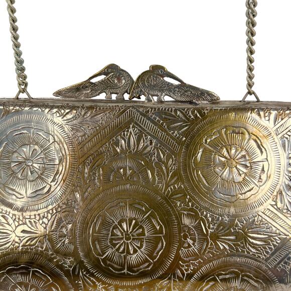 Vintage Peacock Flower Engraved Brass Pillow Purse Chain Strap 7" x 4.5" - Picture 10 of 16